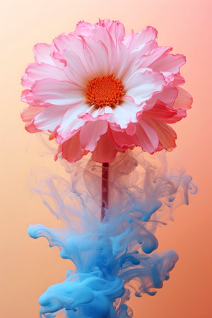 Pink flower with blue smoke on orange background.の素材