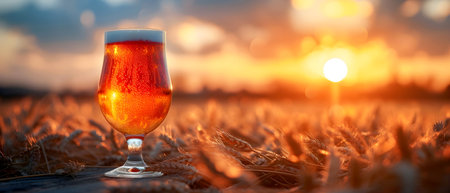 Glass of beer on wheat field at sunset. Beer in a glass.の素材