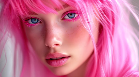 Portrait of a young woman with long pink hair and pink eyelashes.の素材