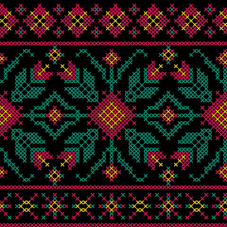Seamless pattern in embroidery cross stitch style on black background.