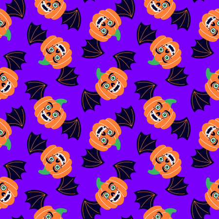 Seamless pattern with Halloween pumpkins with bat wings on violet background.のイラスト素材
