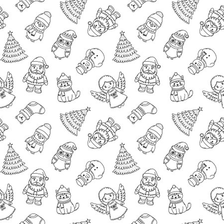 Seamless Christmas themed pattern with festive characters.のイラスト素材