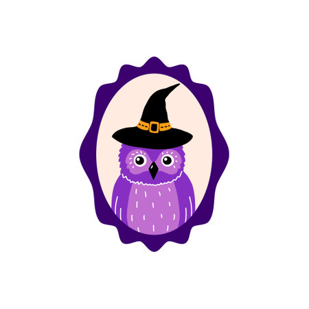 Portrait of an owl wearing a Halloween black hat.のイラスト素材