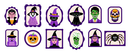 Doodle style character portraits with a Halloween theme.のイラスト素材