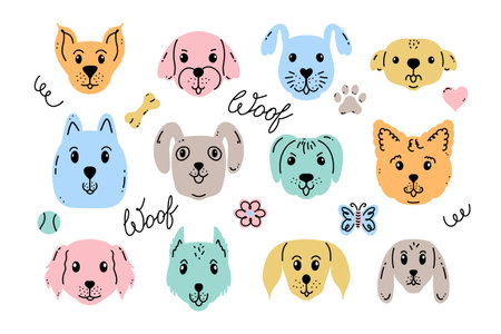 Collection of dog faces in doodle styleのイラスト素材