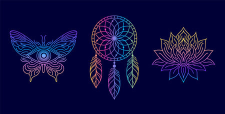 Lotus, dream catcher and all seeing eye with gradient colorsのイラスト素材