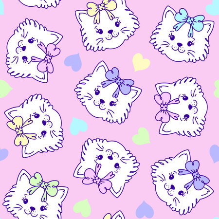 Seamless pattern features cute, hand drawn white cat faces with colorful bowsのイラスト素材