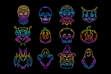 Set of icons in doodle style on the theme of the Halloween holiday.のイラスト素材