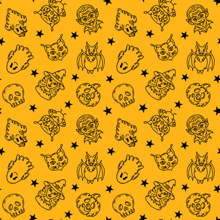 Seamless pattern with characters in doodle style on the theme of the Halloween holiday.のイラスト素材
