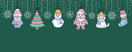 Christmas garland with doodle style toysのイラスト素材