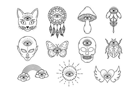 Collection of hand drawn elements in doodle style with mystical all seeing eye.のイラスト素材