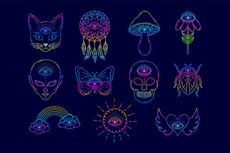 Set of elements in doodle style with mystical eyeのイラスト素材