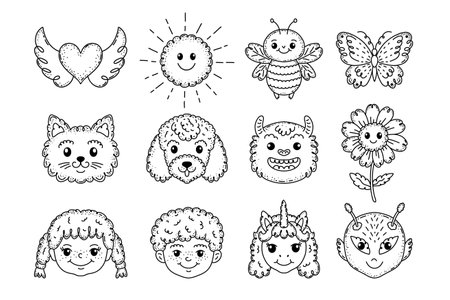Set of funny characters in doodle styleのイラスト素材