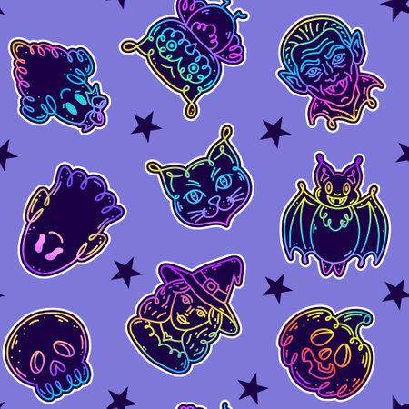 Seamless pattern with characters in doodle style on the theme of the Halloween holiday.のイラスト素材