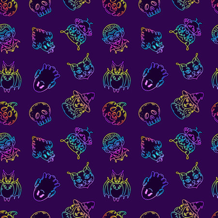 Seamless pattern with characters in doodle style on the theme of the Halloween holiday.のイラスト素材