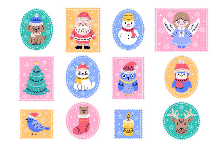 Collection of postage stamps with cute Christmas charactersのイラスト素材