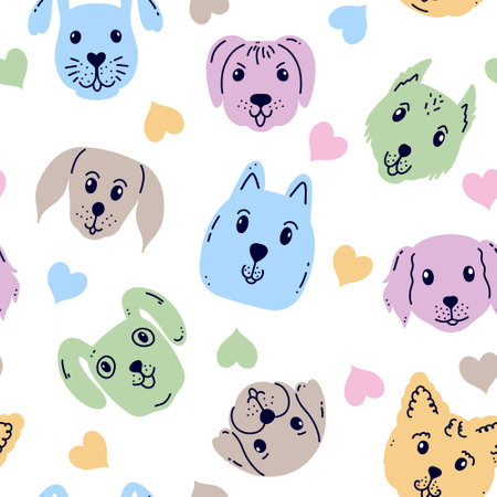 Seamless pattern with dog faces and heartsのイラスト素材