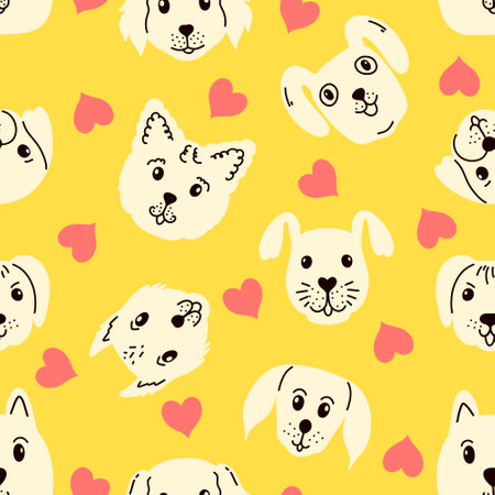 Seamless pattern with dog faces and heartsのイラスト素材