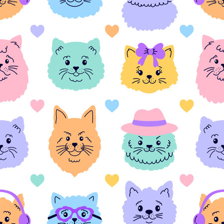 Seamless pattern with cat faces and hearts.のイラスト素材
