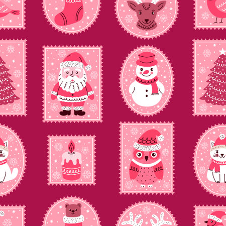 Seamless pattern with postage stamps with cute doodle style characters for Christmas and New Year.のイラスト素材