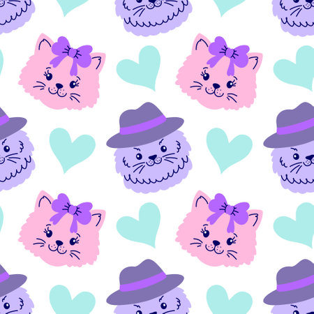 Seamless pattern with cats and heartsのイラスト素材