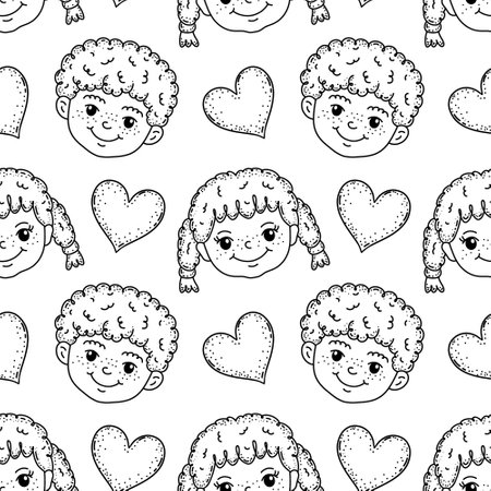 Seamless doodle pattern featuring cute kids faces with heartsのイラスト素材