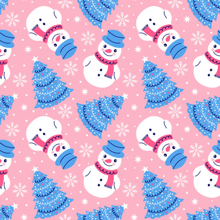 Festive Christmas seamless pattern with snowflakes, snowman and Christmas treesのイラスト素材