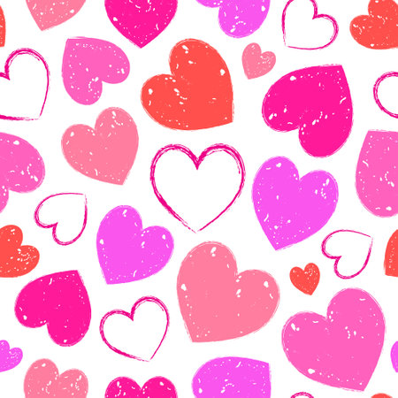 Seamless pattern of colorful, textured hearts in various shades of pink and redのイラスト素材