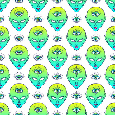 Seamless pattern of neon green alien facesのイラスト素材