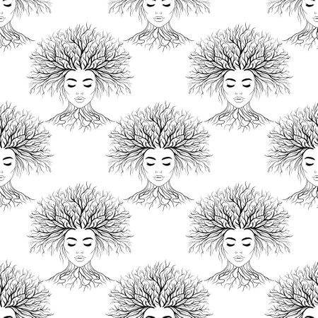 Seamless pattern of female face with tree branches forming her hairのイラスト素材
