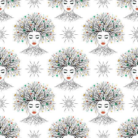 Seamless pattern of female face with tree branches forming her hairのイラスト素材