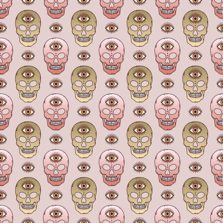 Seamless pattern with skulls with a third eyeのイラスト素材
