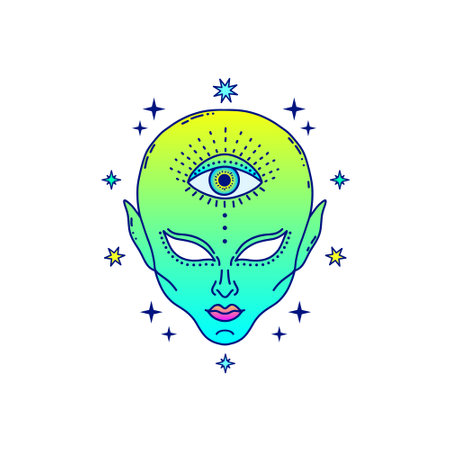 Alien face with third eye in neon green and blue tones, surrounded by stars.のイラスト素材