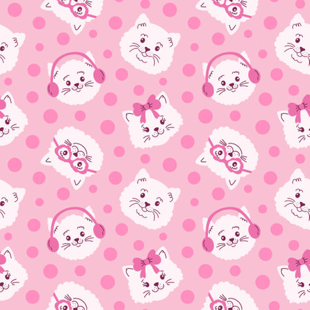 Seamless pattern with cat faces and dotsのイラスト素材