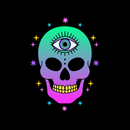 Skull with third eye in neon pink and green tones, surrounded by stars.のイラスト素材