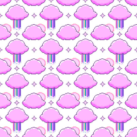 Pixel art seamless pattern with clouds with rainbow and sunsのイラスト素材