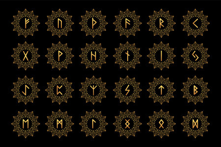 Collection of nordic runes with golden gradient colorのイラスト素材