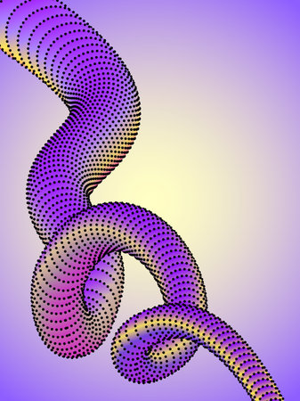 Dotted gradient tube twisting and curving on a light purple and yellow gradient background.のイラスト素材