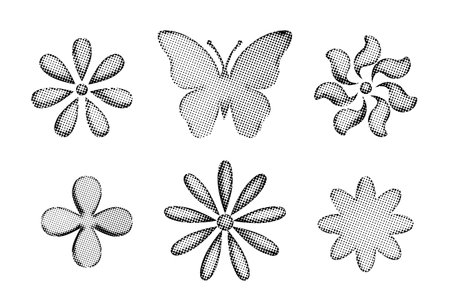 Halftone elements - different flowers and butterflyのイラスト素材
