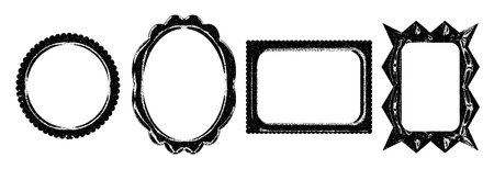 Grunge textured black frames of varying shapes with empty centers.のイラスト素材