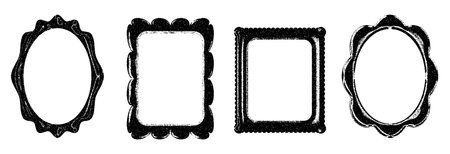 Grunge textured black frames of varying shapes with empty centers.のイラスト素材