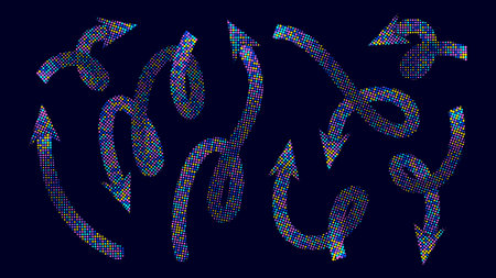 Set of colorful dotted arrows pointing in various directions on a dark blue background.のイラスト素材