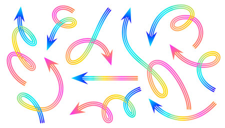 Set of gradient arrows swirling and pointing in various directions on a white background.のイラスト素材