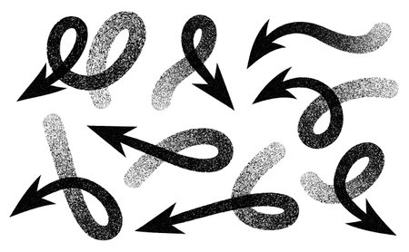 Set of textured black arrows with swirling and curved forms pointing in various directions on a white background.のイラスト素材