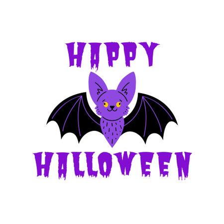 Purple bat positioned between the phrases HAPPY and HALLOWEEN in a dripping, jagged fontのイラスト素材