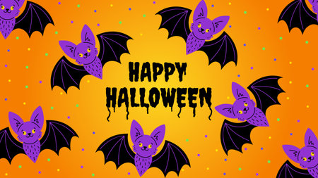 Halloween banner on orange background with cute batsのイラスト素材