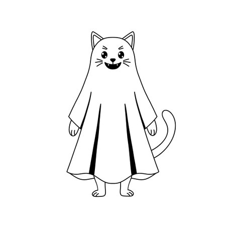 Cat dressed as a ghost, black and white doodle illustrationのイラスト素材