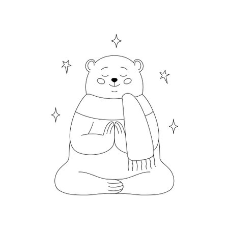 A cute, minimalist black and white doodle of a bear meditating in a scarf with stars.のイラスト素材