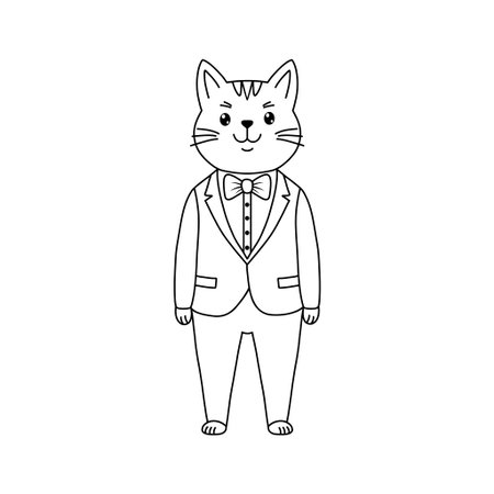 A cute cat wearing a suit and bow tie, doodle illustration.のイラスト素材