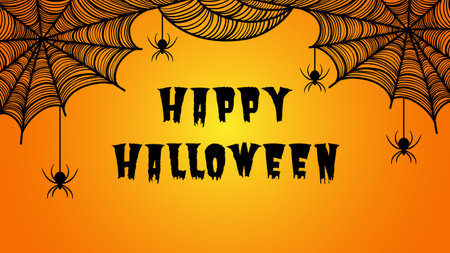 Halloween background with Happy Halloween text, spiderwebs, and spidersのイラスト素材